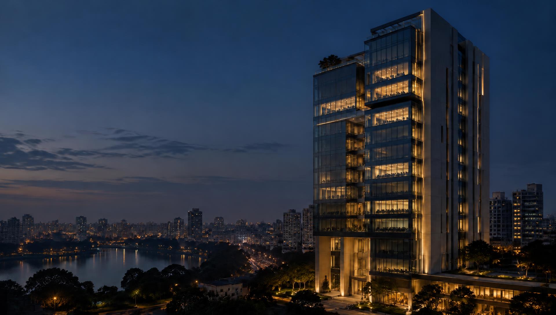 Modern office tower overlooking the city at dusk