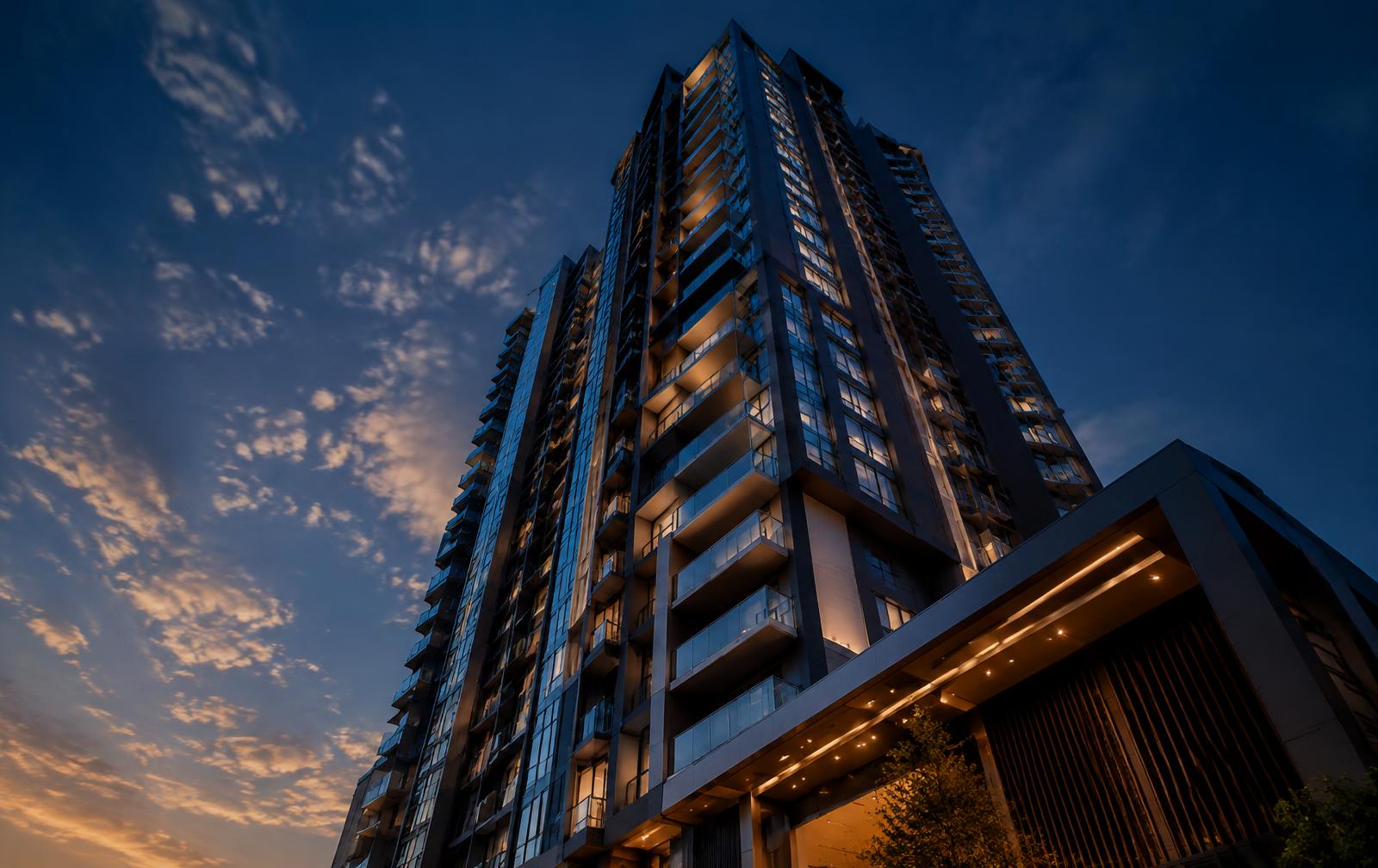 Modern residential tower at twilight